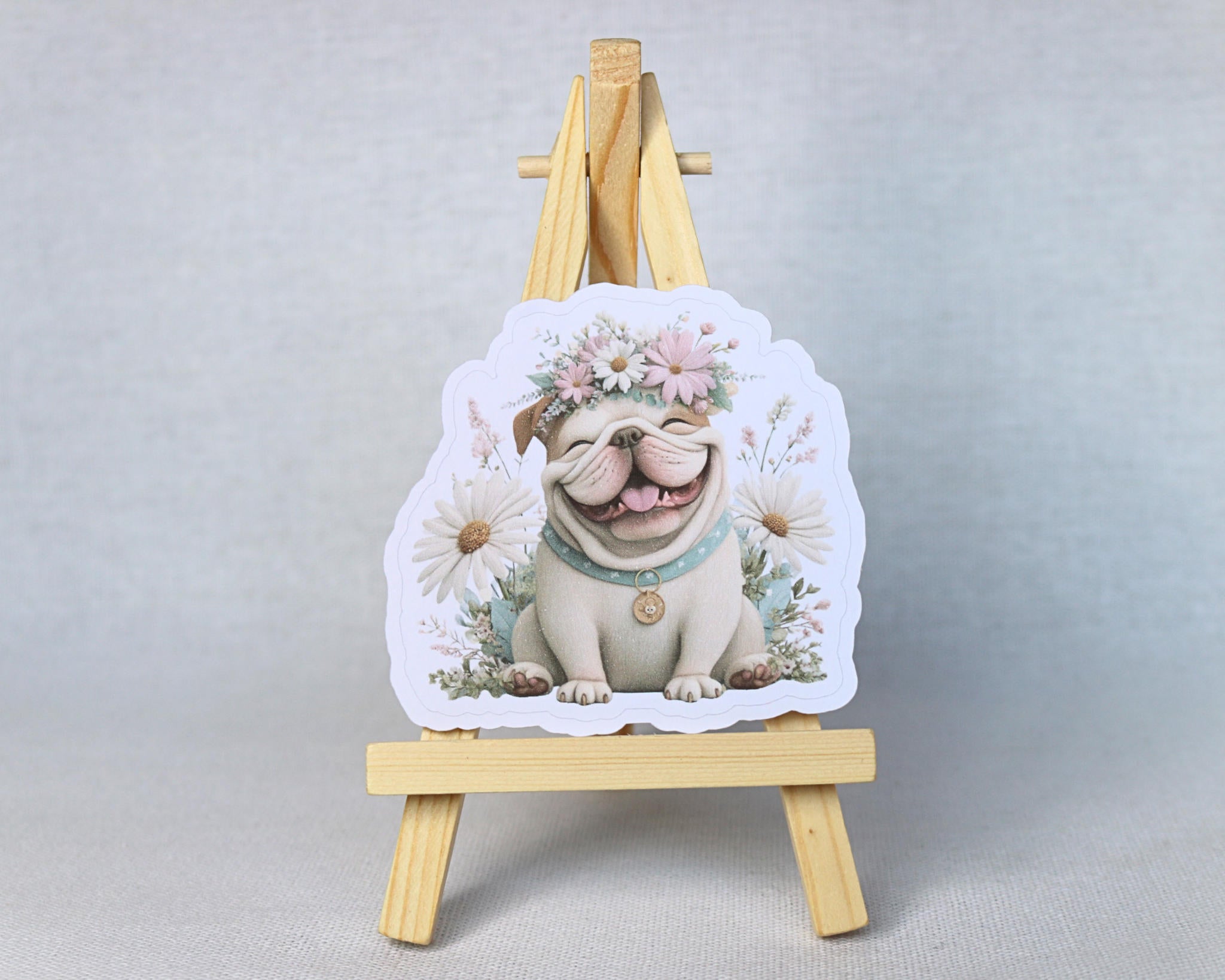Bulldog Sticker – English Dog with Floral Crown Cute Laptop Journal Decoration