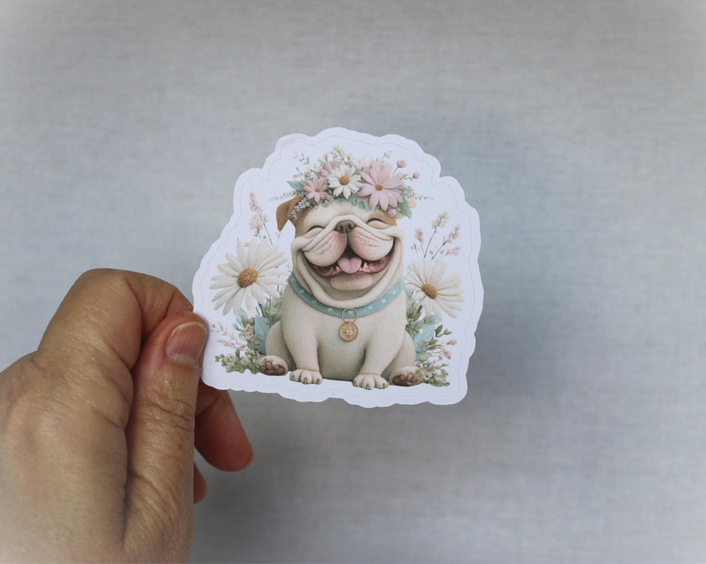 Bulldog Sticker – English Dog with Floral Crown Cute Laptop Journal Decoration