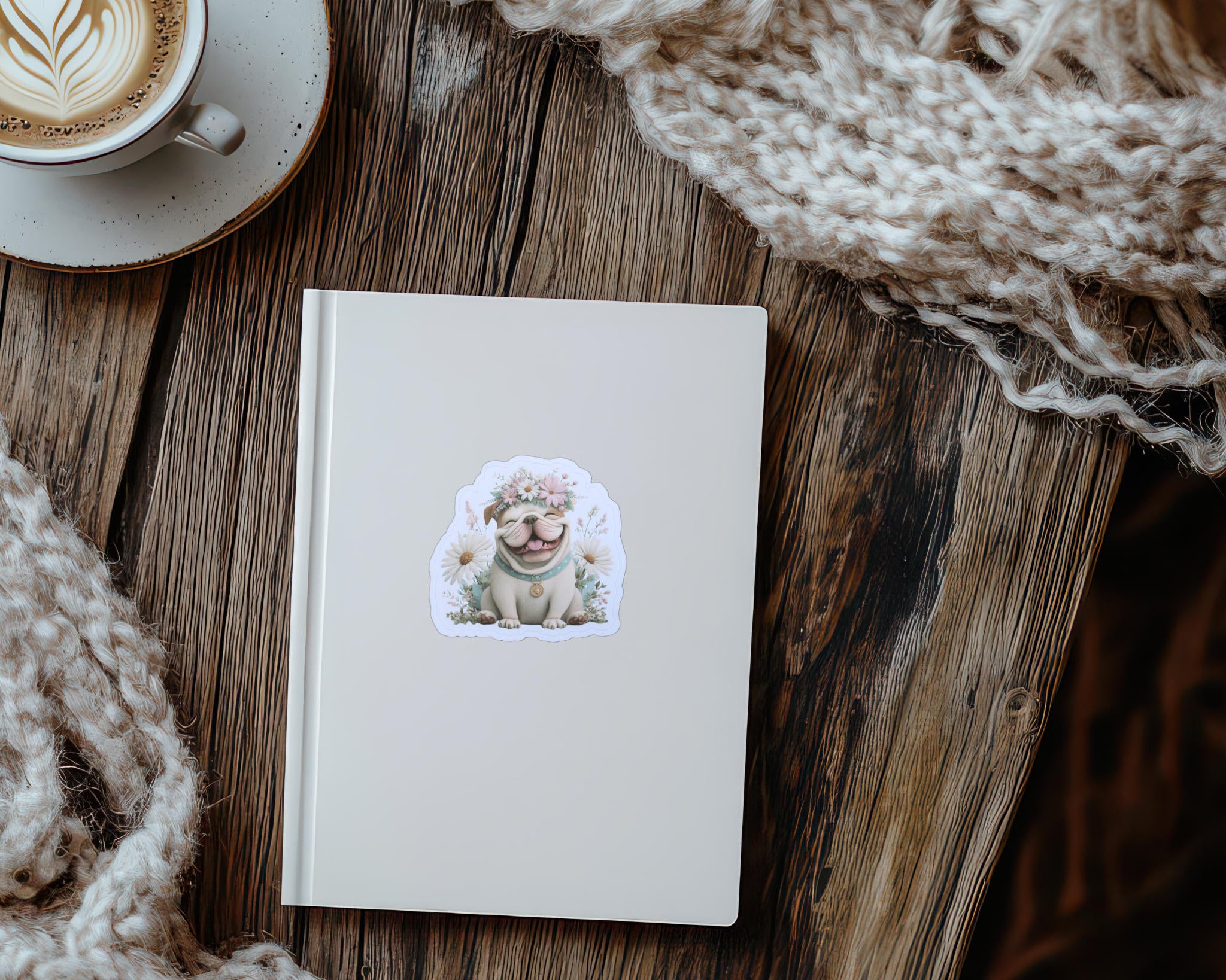Bulldog Sticker – English Dog with Floral Crown Cute Laptop Journal Decoration