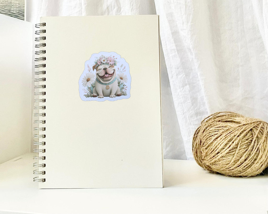 Bulldog Sticker – English Dog with Floral Crown Cute Laptop Journal Decoration