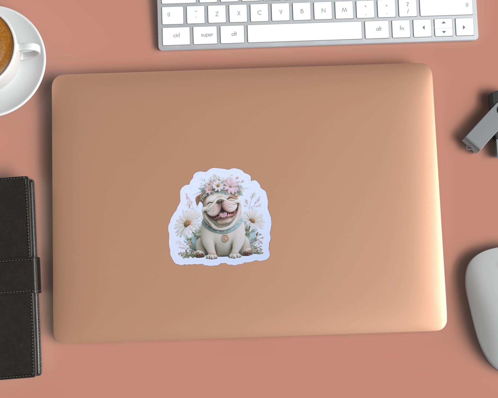 Bulldog Sticker – English Dog with Floral Crown Cute Laptop Journal Decoration
