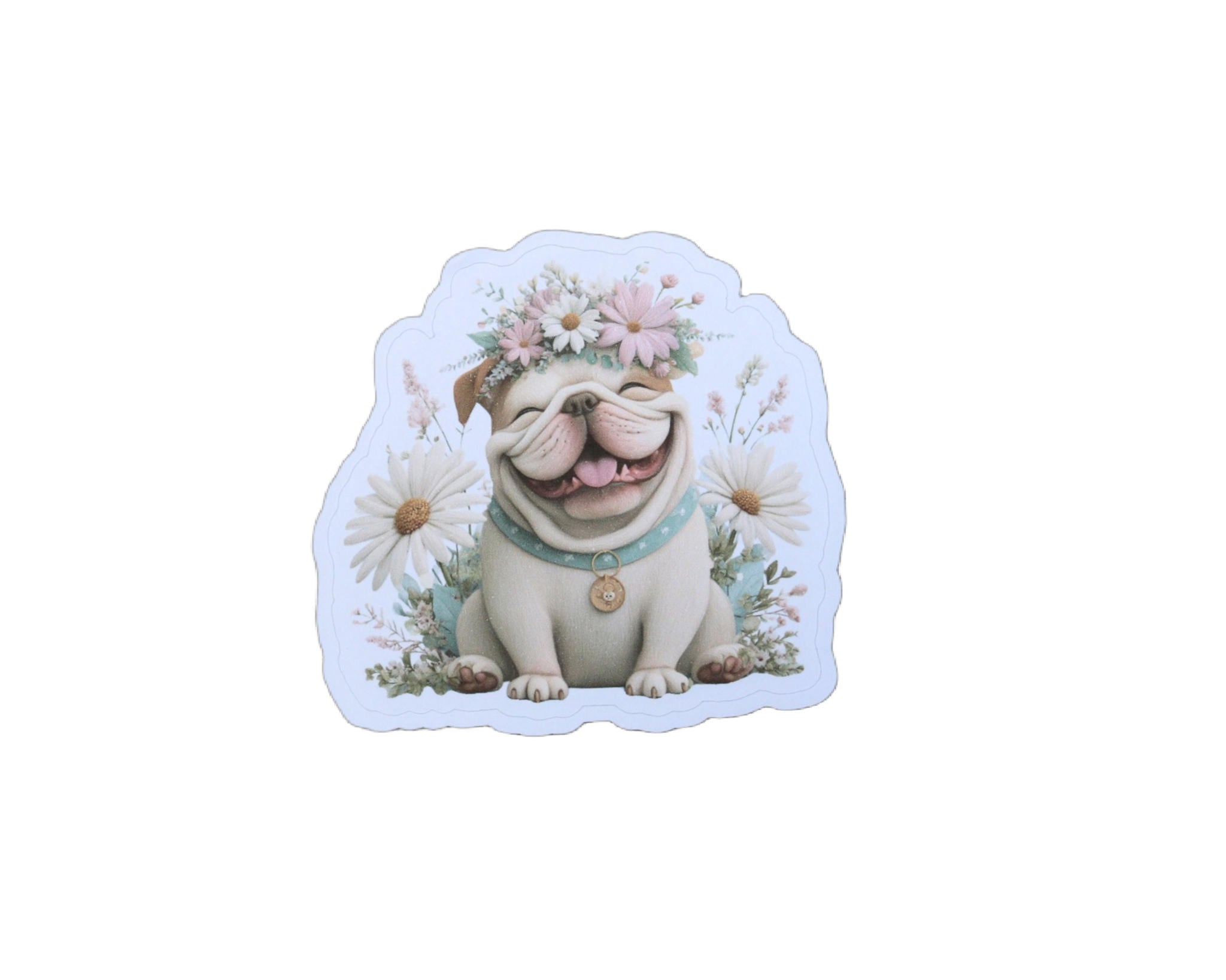 Bulldog Sticker – English Dog with Floral Crown Cute Laptop Journal Decoration