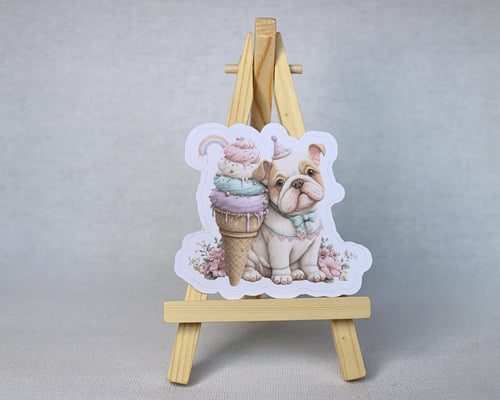 Bulldog Sticker – Cute Puppy with Ice Cream Die-cut Floral Design