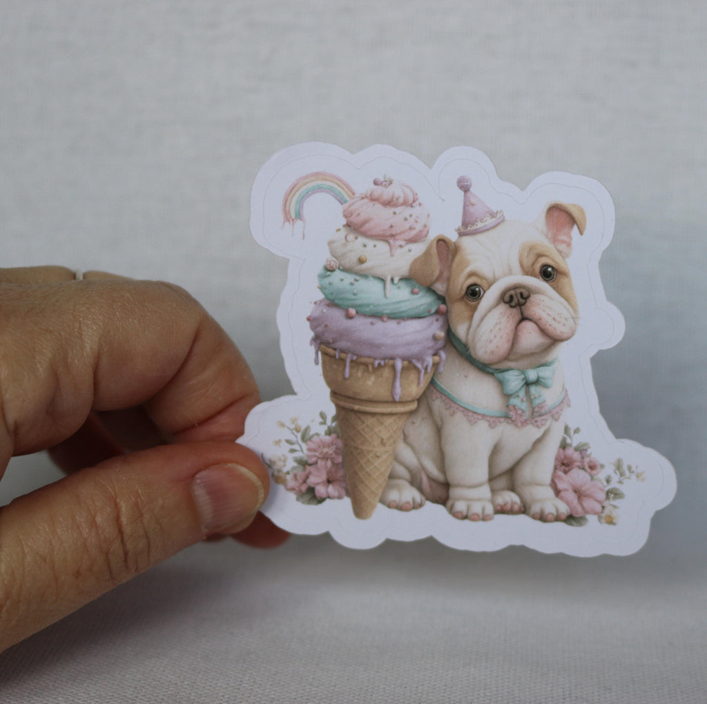 Bulldog Sticker – Cute Puppy with Ice Cream Die-cut Floral Design