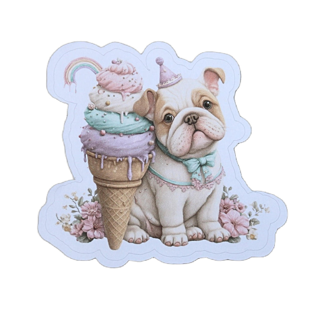 Bulldog Sticker – Cute Puppy with Ice Cream Die-cut Floral Design