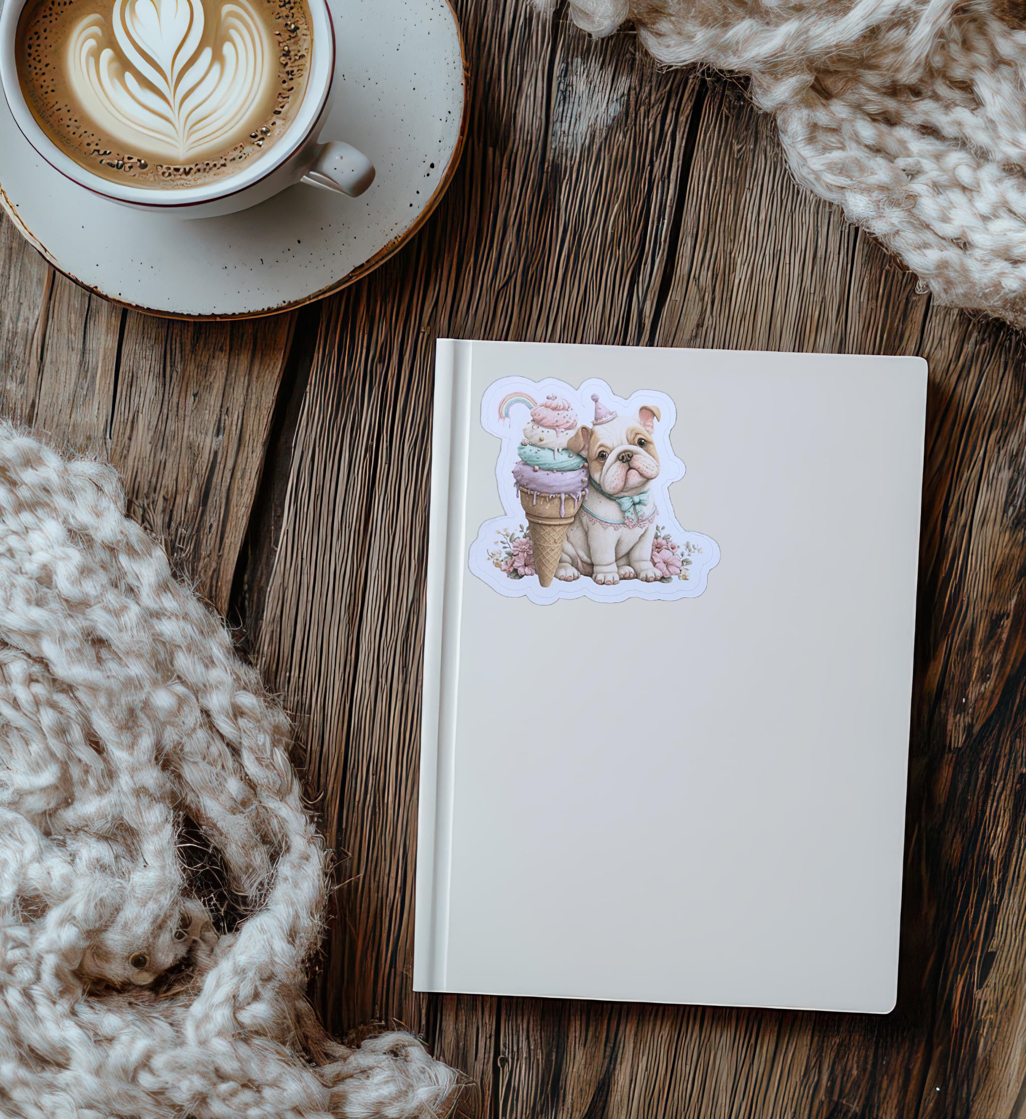 Bulldog Sticker – Cute Puppy with Ice Cream Die-cut Floral Design
