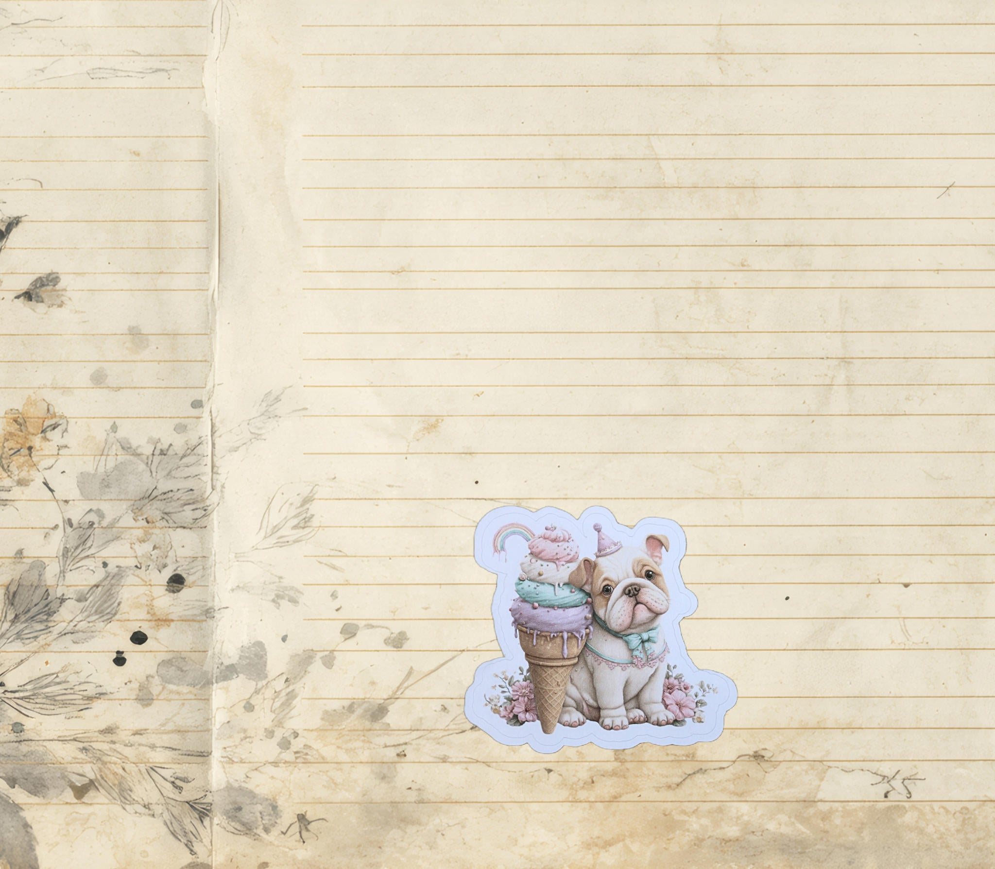 Bulldog Sticker – Cute Puppy with Ice Cream Die-cut Floral Design