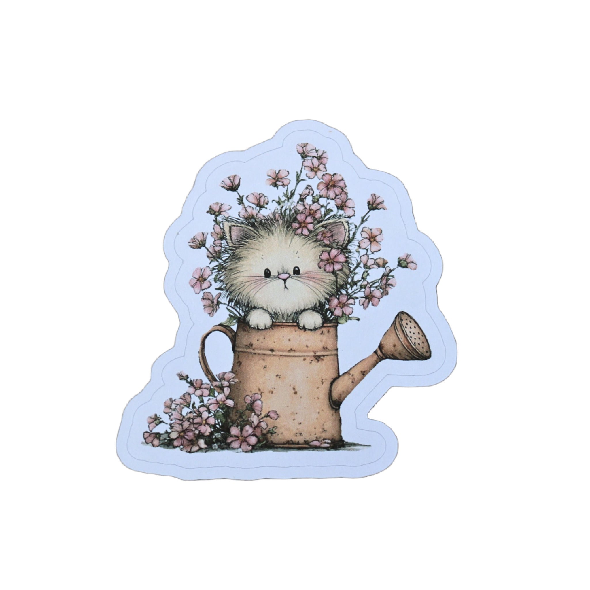 Vintage Cat Flower Sticker – Matte Die Cut Cottagecore Kitten Watering Can Design