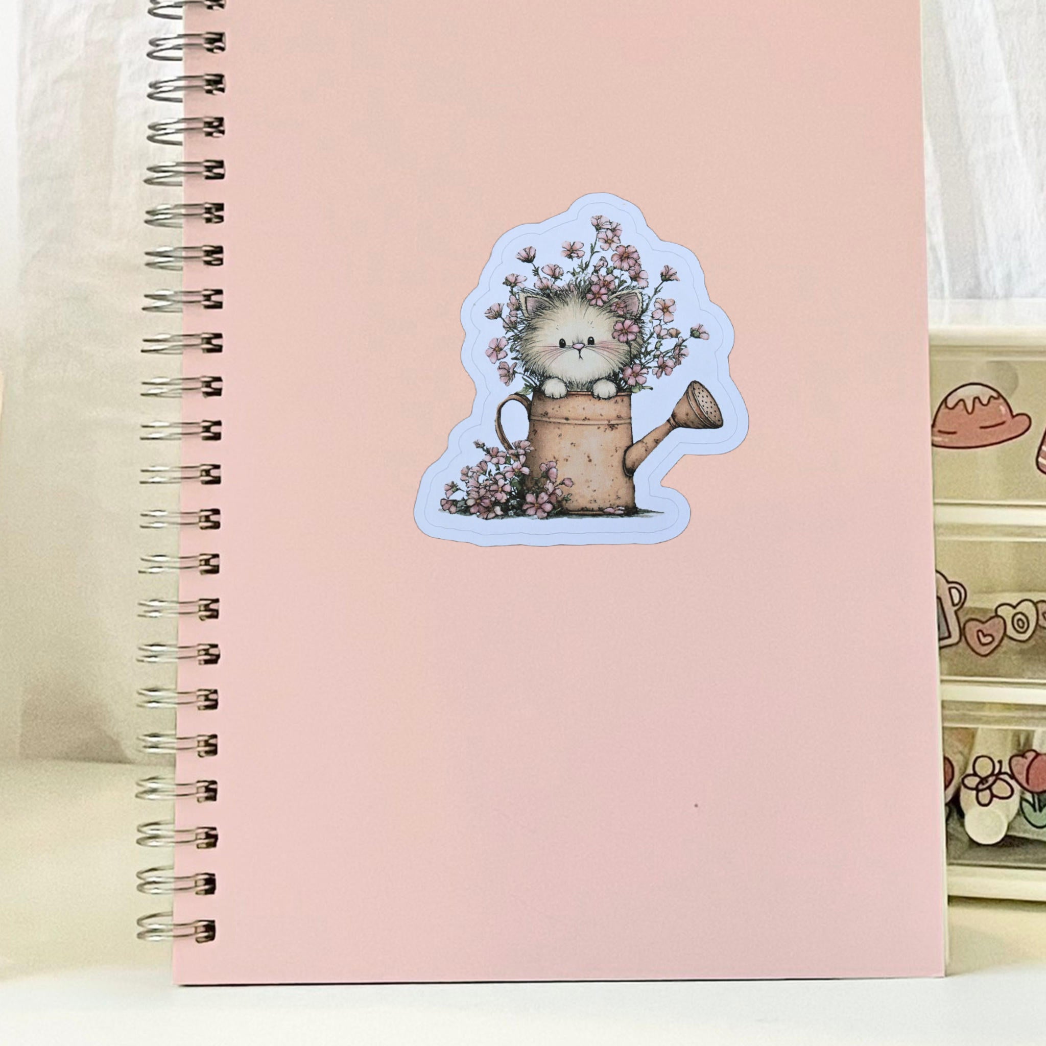 Vintage Cat Flower Sticker – Matte Die Cut Cottagecore Kitten Watering Can Design