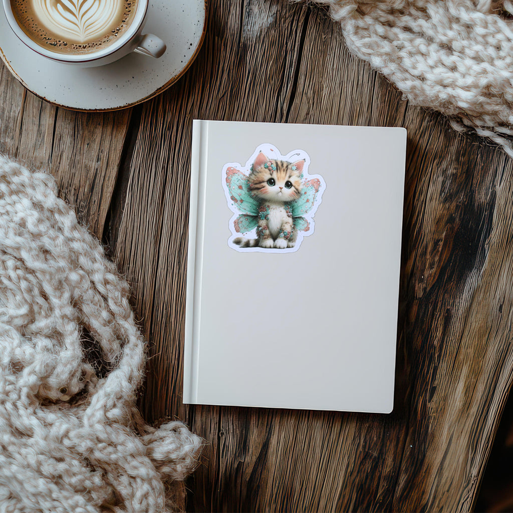 Fairy Cat Sticker – Cute Tabby Kitten with Mint Green Wings for Journals