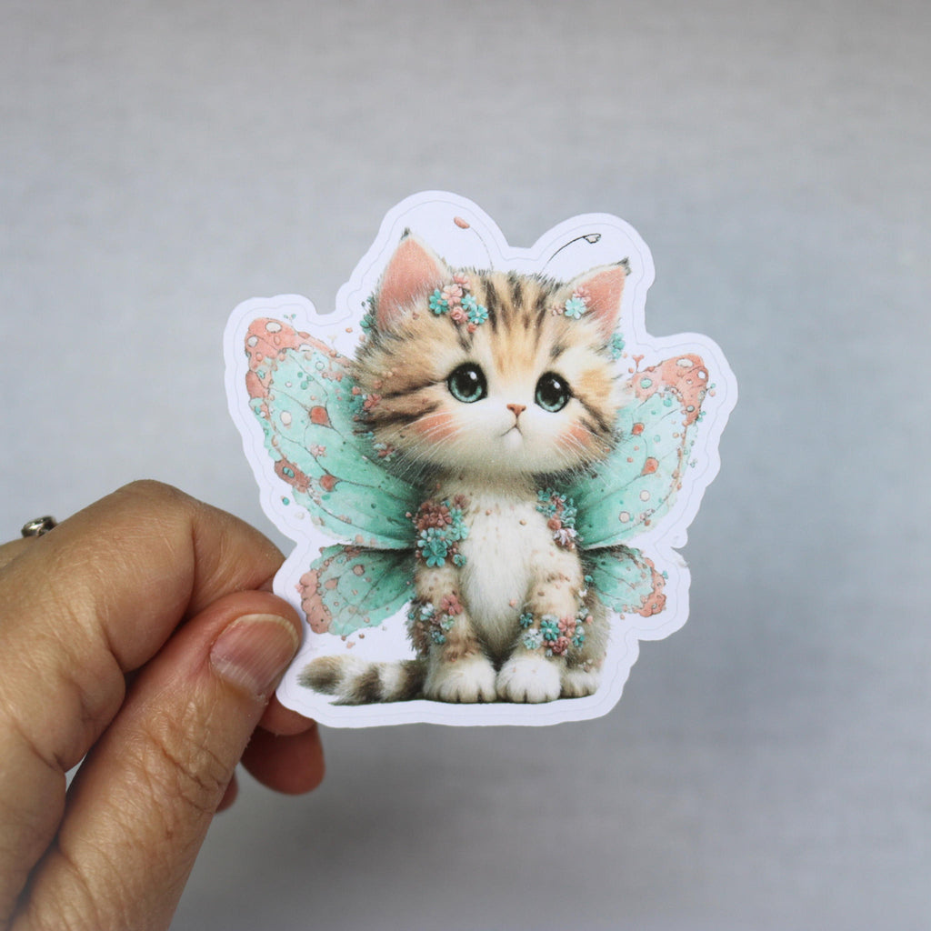 Fairy Cat Sticker – Cute Tabby Kitten with Mint Green Wings for Journals