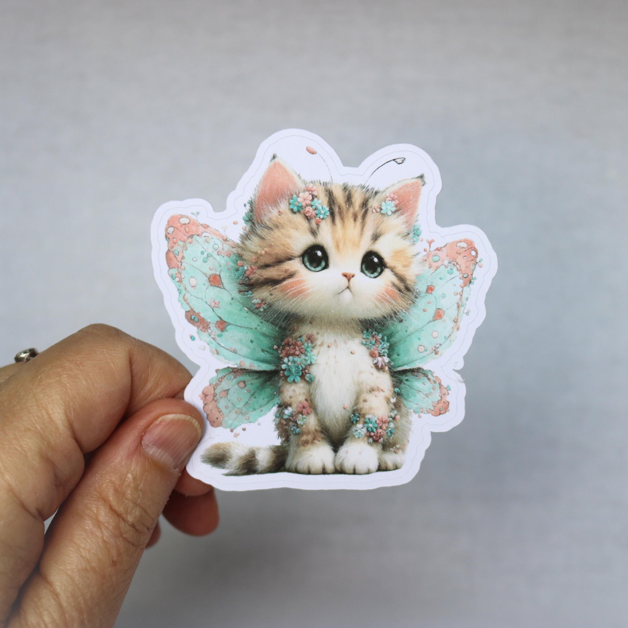 Fairy Cat Sticker – Cute Tabby Kitten with Mint Green Wings for Journals