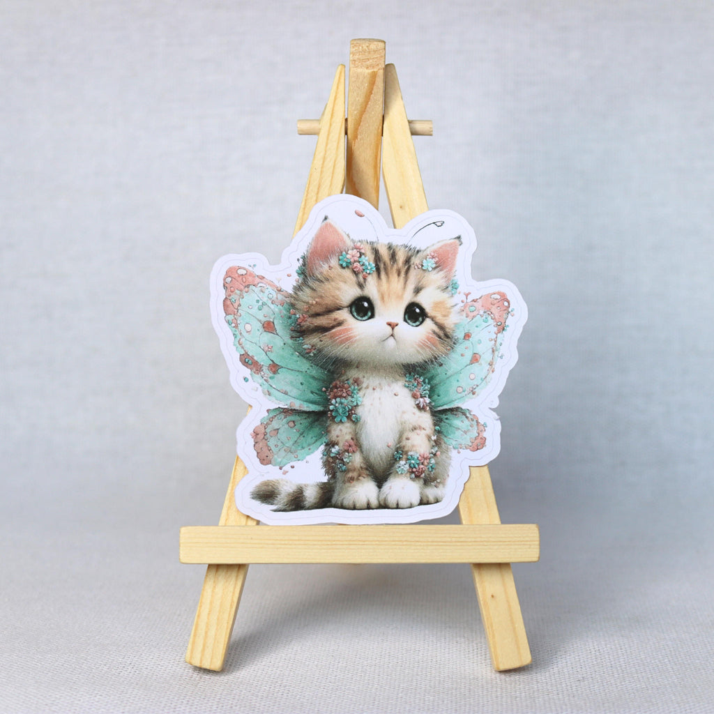 Fairy Cat Sticker – Cute Tabby Kitten with Mint Green Wings for Journals