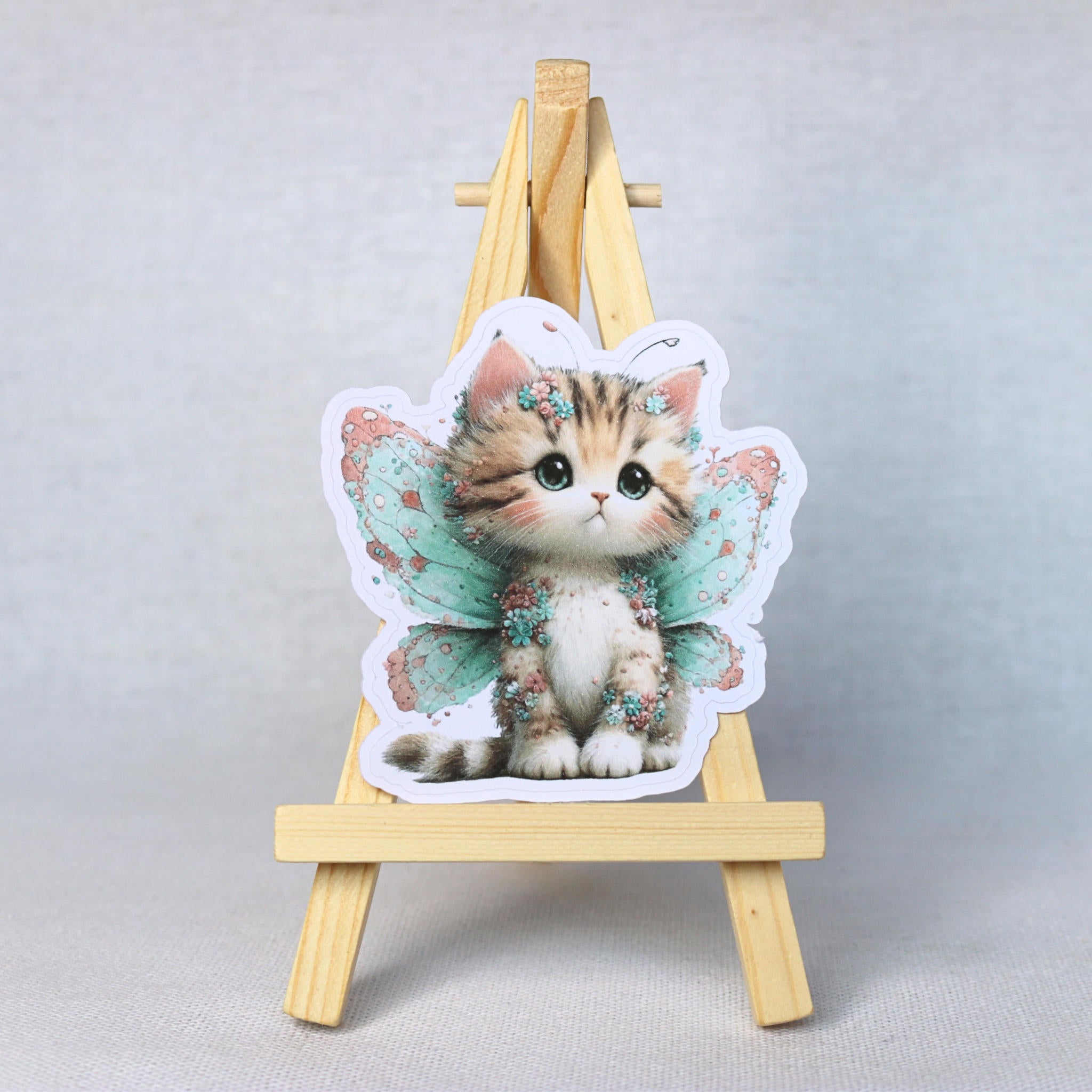 Fairy Cat Sticker – Cute Tabby Kitten with Mint Green Wings for Journals