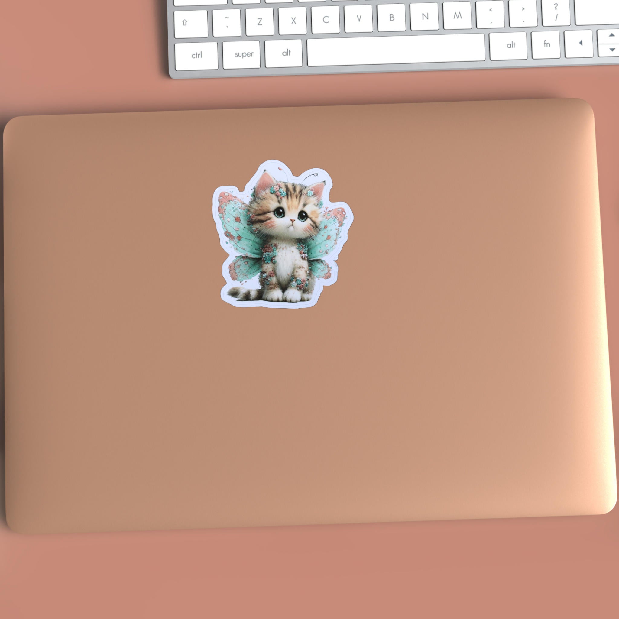 Fairy Cat Sticker – Cute Tabby Kitten with Mint Green Wings for Journals