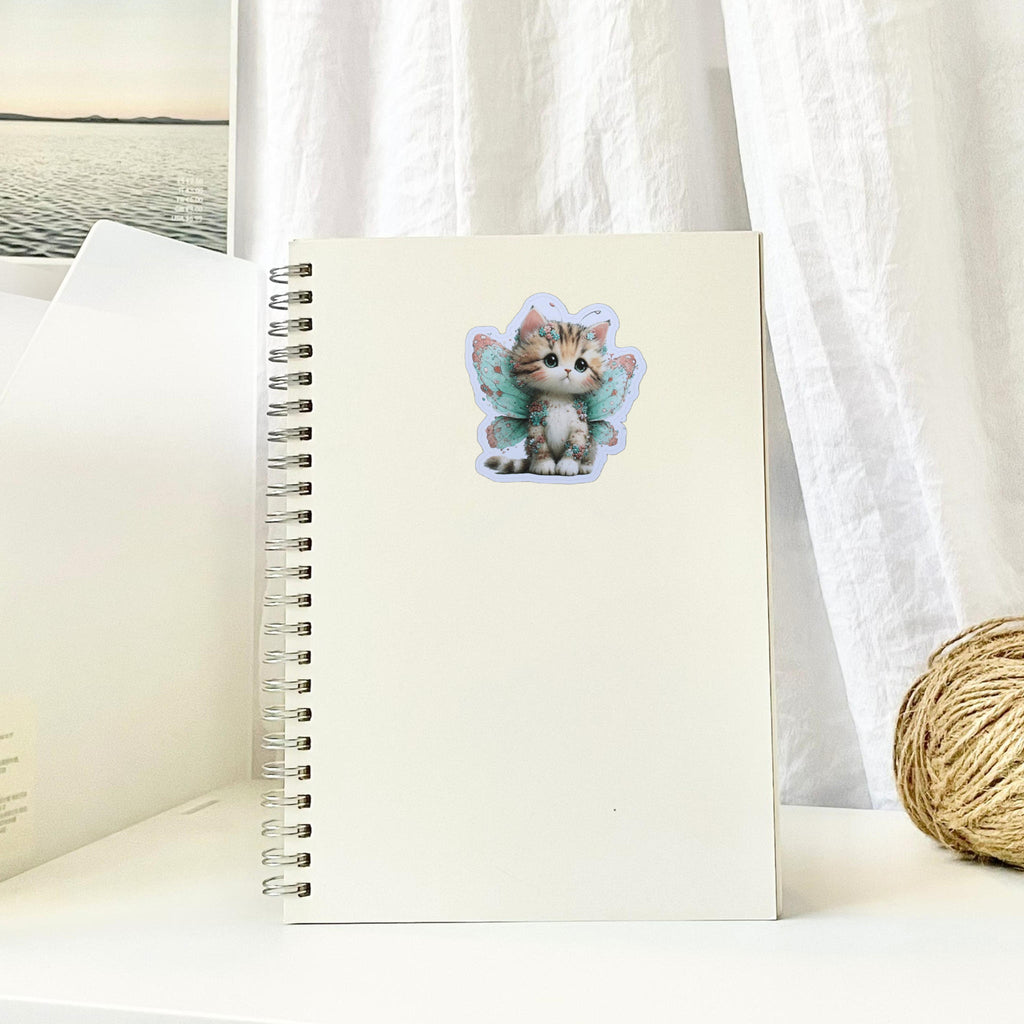 Fairy Cat Sticker – Cute Tabby Kitten with Mint Green Wings for Journals