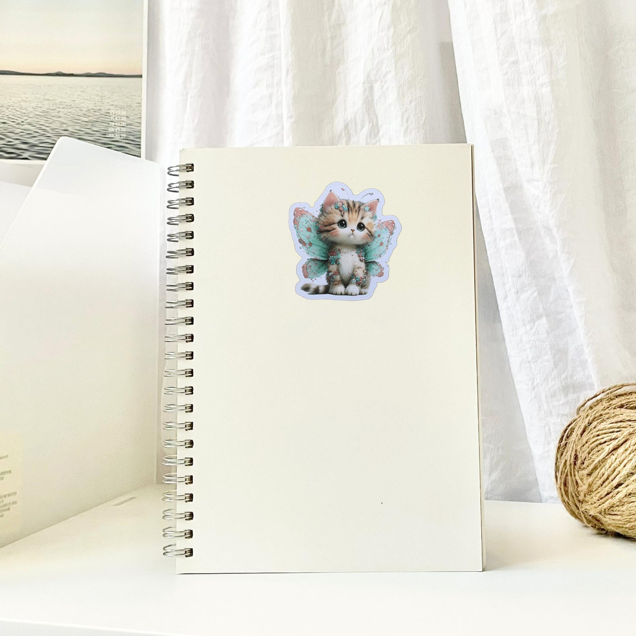 Fairy Cat Sticker – Cute Tabby Kitten with Mint Green Wings for Journals