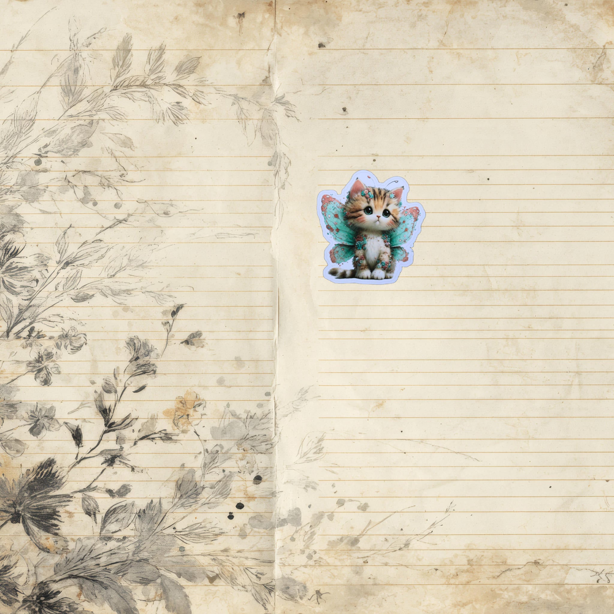 Fairy Cat Sticker – Cute Tabby Kitten with Mint Green Wings for Journals