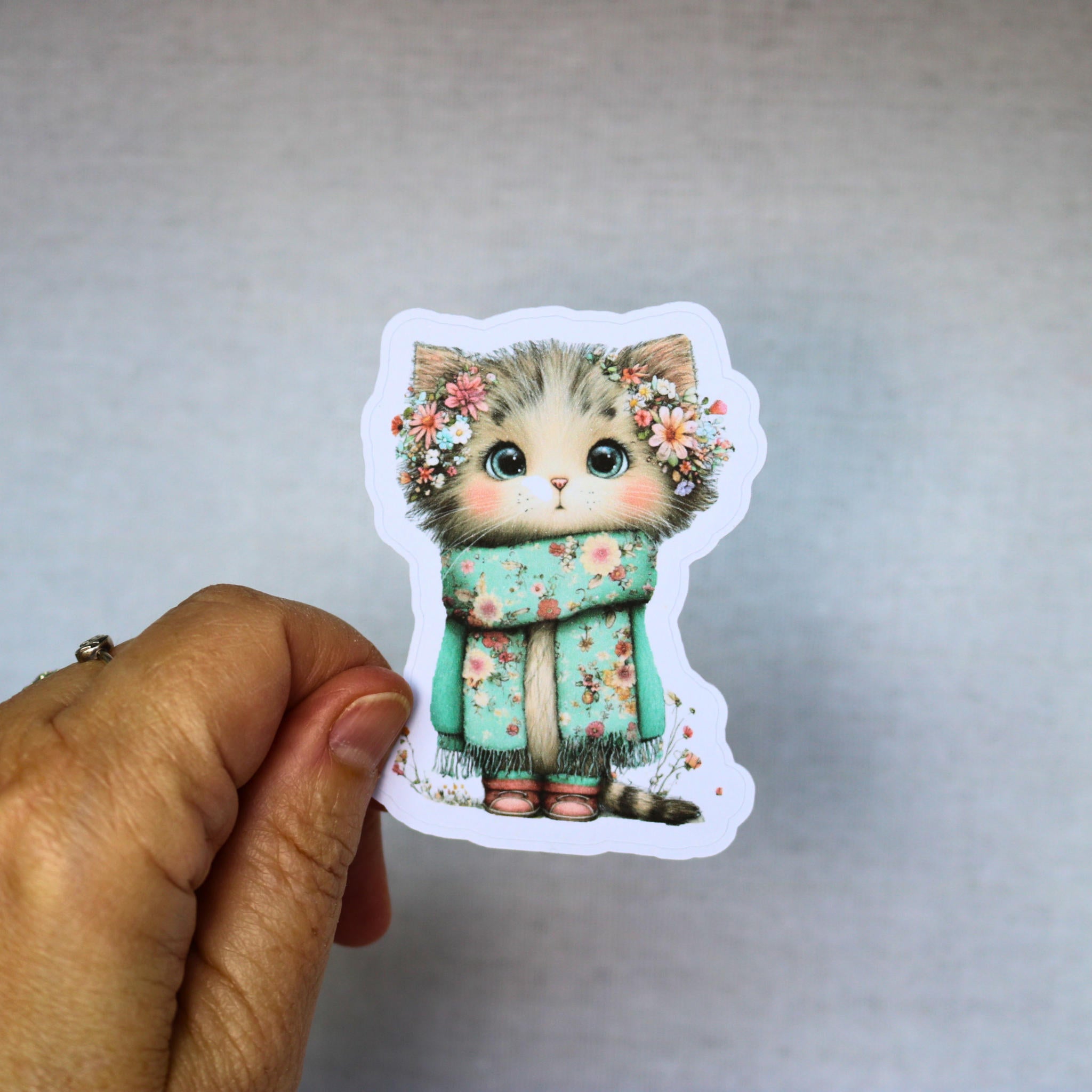 Cute Kitten Sticker – Die-cut Mint Green Flower Crown Cottagecore Pastel Kawaii