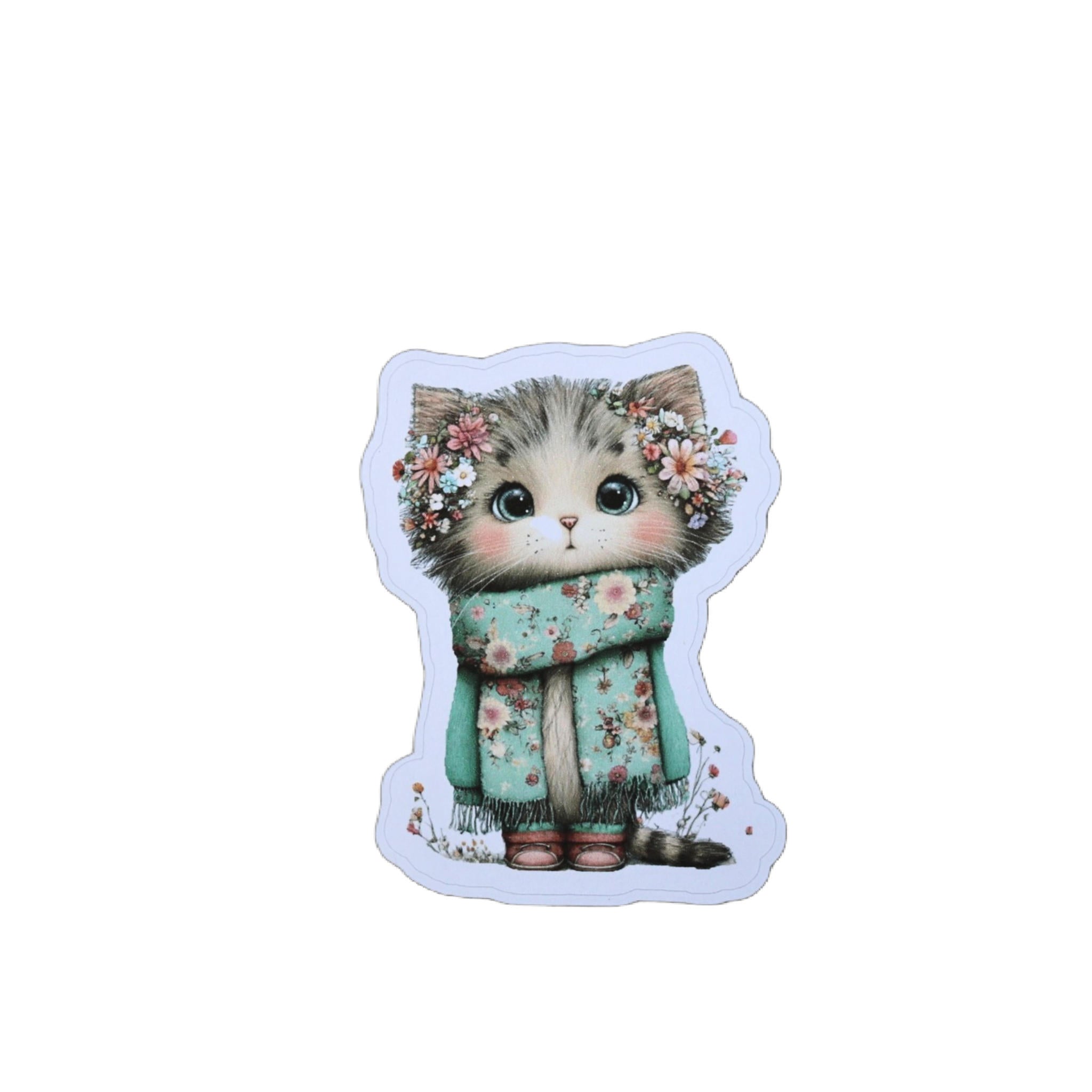 Cute Kitten Sticker – Die-cut Mint Green Flower Crown Cottagecore Pastel Kawaii