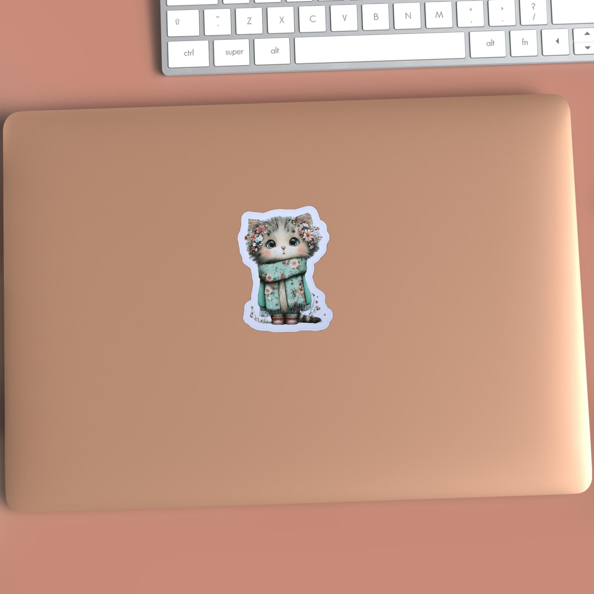 Cute Kitten Sticker – Die-cut Mint Green Flower Crown Cottagecore Pastel Kawaii