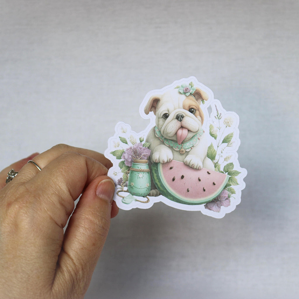 Bulldog Watermelon Sticker – Pastel Die-cut Puppy Design with Mason Jar Floral Art