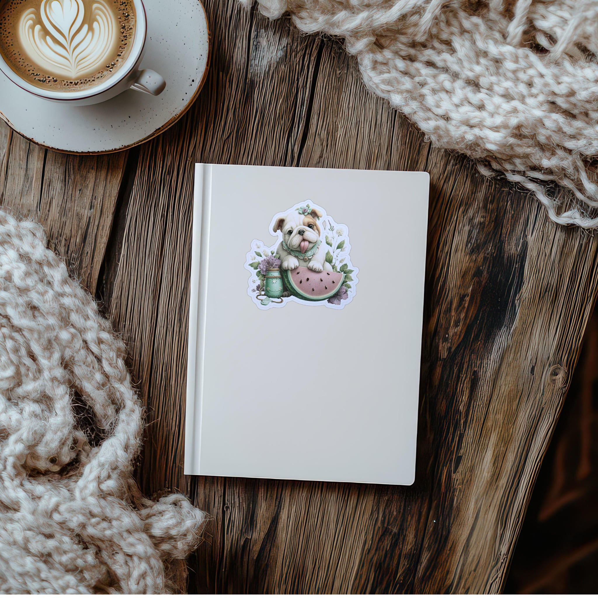 Bulldog Watermelon Sticker – Pastel Die-cut Puppy Design with Mason Jar Floral Art
