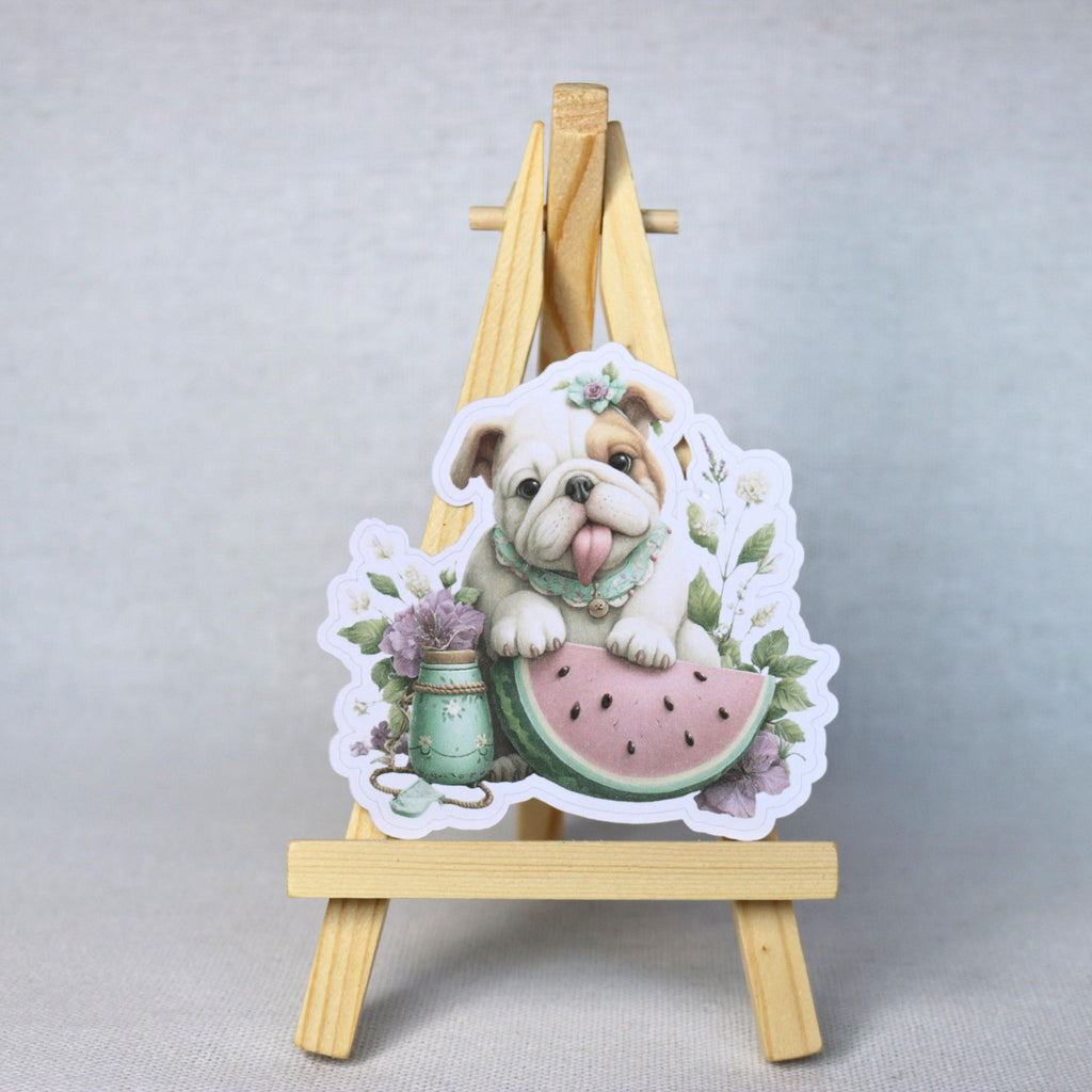 Bulldog Watermelon Sticker – Pastel Die-cut Puppy Design with Mason Jar Floral Art