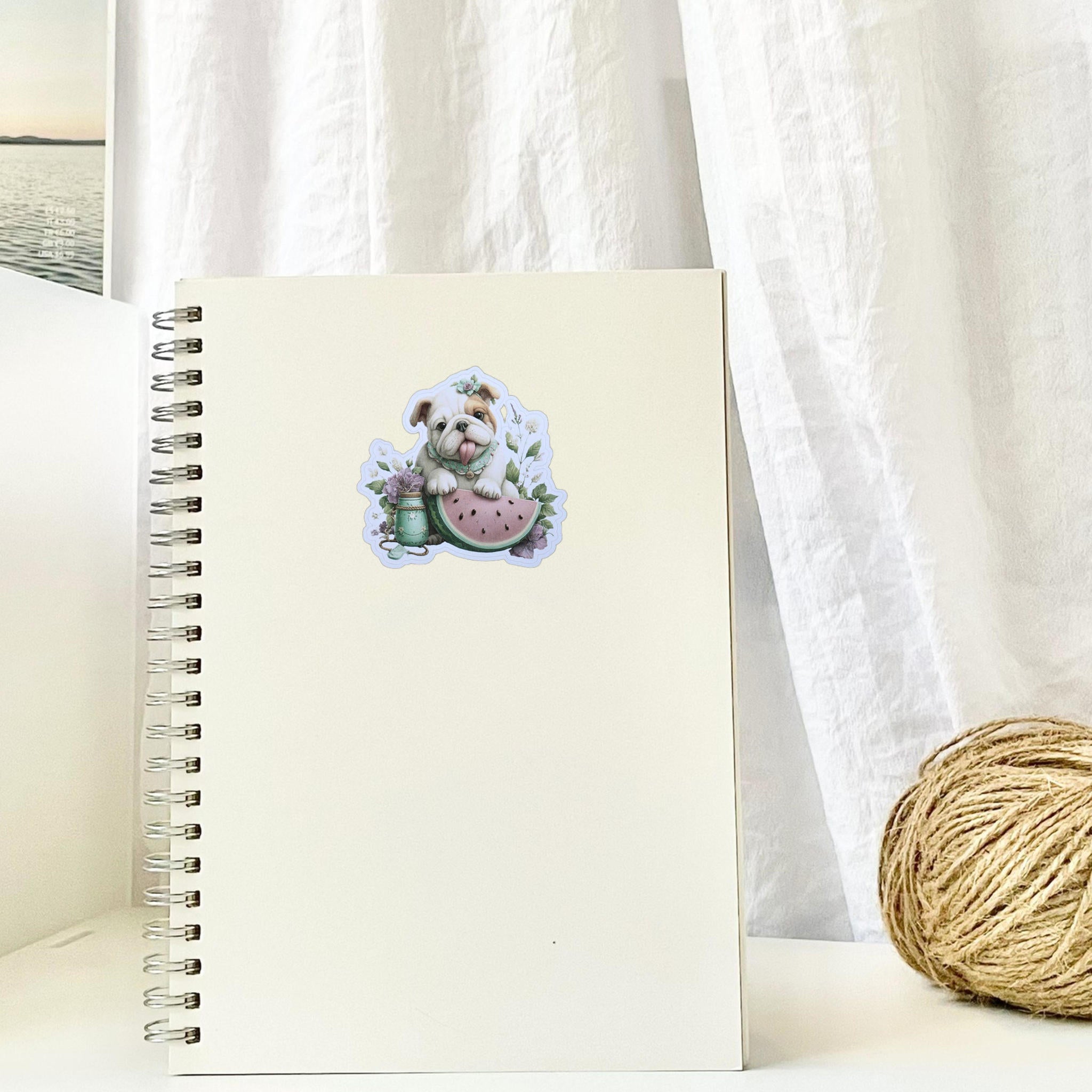 Bulldog Watermelon Sticker – Pastel Die-cut Puppy Design with Mason Jar Floral Art
