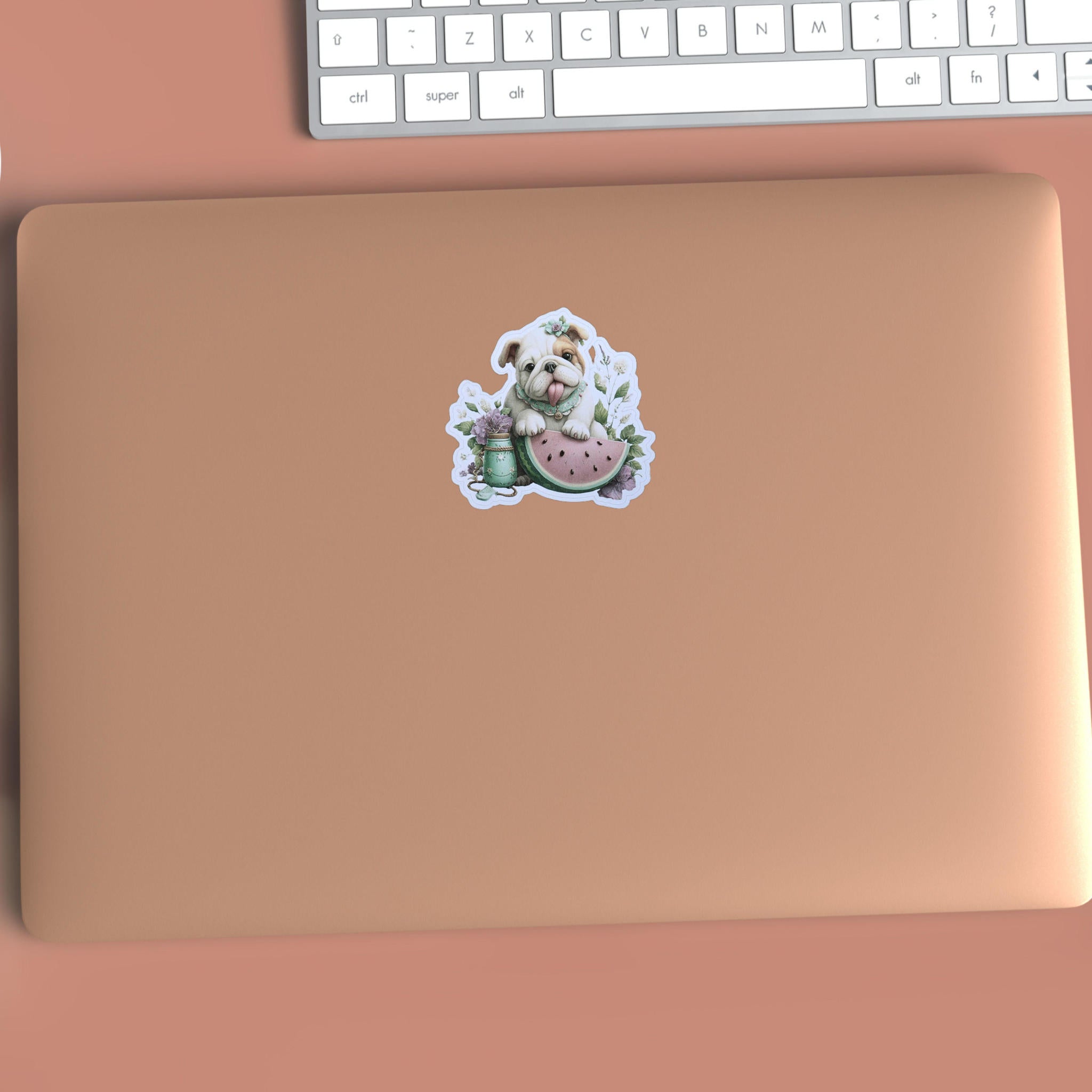 Bulldog Watermelon Sticker – Pastel Die-cut Puppy Design with Mason Jar Floral Art
